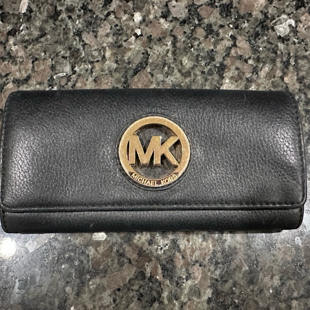 Michael Kors Black Leather Wallet with Gold Logo